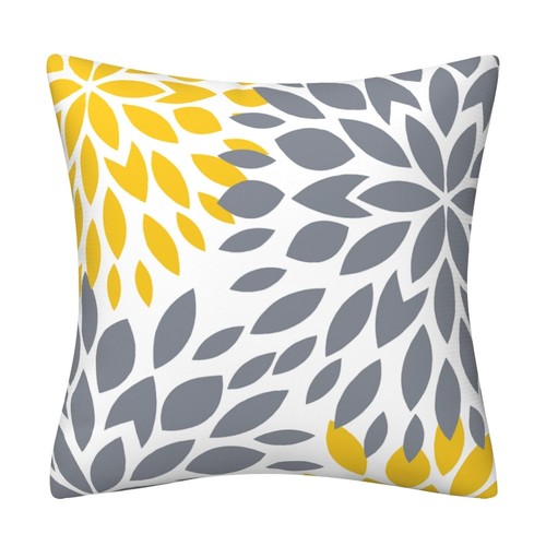 Set of 4 Yellow Grey Geometric Pillow Covers Dahlia Leaves Floral Cushion Case - Picture 8 of 8