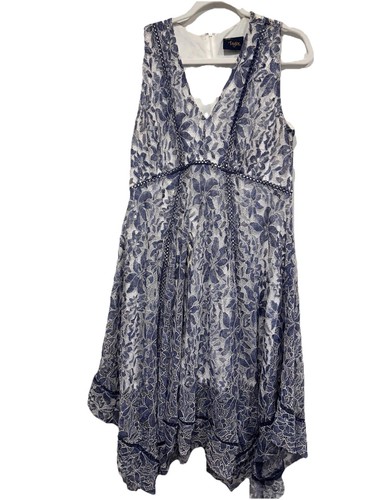 Just Taylor Dress 12 Floral Blue Lace Overlay White Lined Zip Boho Cottagecore - Picture 1 of 13