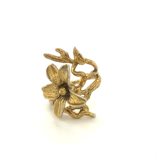 Vintage Vermeil Gold Tone Flower Bloom Modern Abstract Brutalist Ring Band 4 3/4