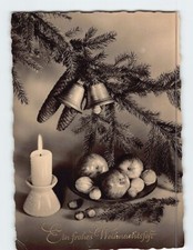 Postcard A Merry Christmas Candle Plate of Fruits Pine Cone Christmas Bells