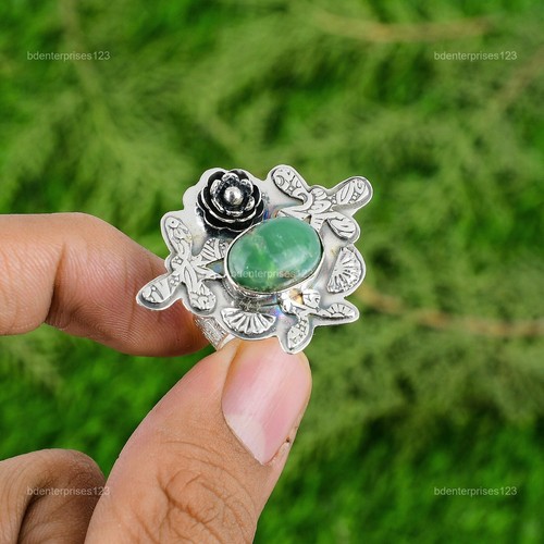 Ovaler Chrysopras Edelstein Sterlingsilber Solitär Blume Tochter Ring Schmuck