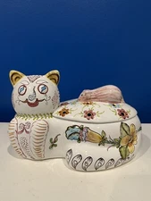 Vintage Cat Mouse Ceramic Decorative Pomander Covered Dish Berardos Portugal