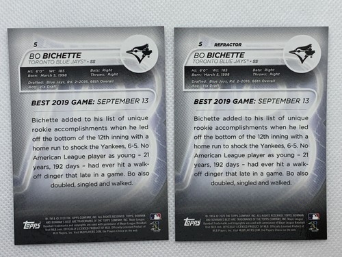 2020 Bowman's Best Bo Bichette Rookie Cards x2 Base & Refractor Blue Jays RC - Picture 2 of 4