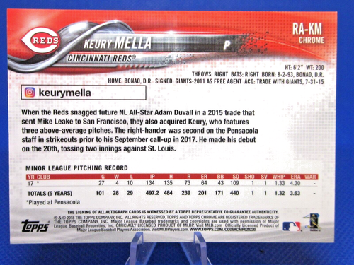 2018 TOPPS CHROME #RA-KM KEURY MELLA AUTO SIGNED CINCINNATI REDS ROOKIE RC - Picture 2 of 2