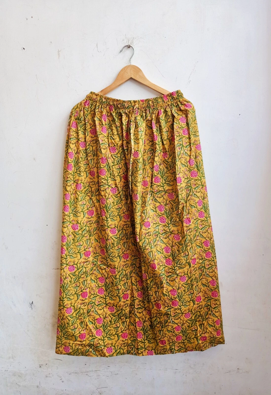 Indian Cotton Yellow Hand Block Floral Skirt Women's Clothing Partywear Skirt US