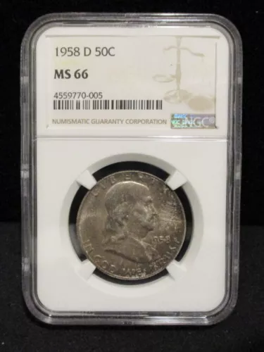 1958-D Franklin Silver Half Dollar - NGC MS 66 - Mint Set Toning - 005