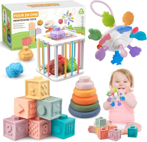 4-in-1 Baby Toys for 6-12 Months, Montessori Soft Stacking Blocks 4 in 1
