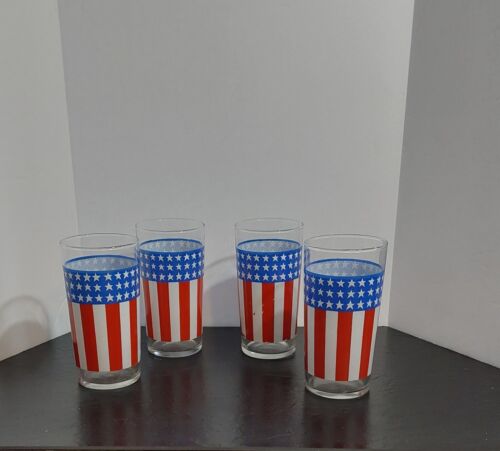 4 Vintage AMERICAN FLAG GLASSES USA Stars and Stripes Tumblers 5 ¼” Tall - Picture 1 of 5