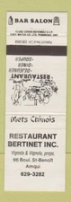 Matchbook Cover - Restaurant Bertinet Amqui QC