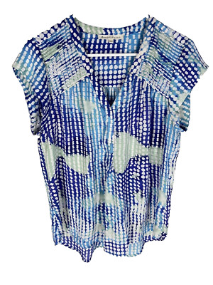 DANIEL RAINN Stitch Fiz Blouse L Blue White Semi Sheer Smocked Fairy Boho Beach