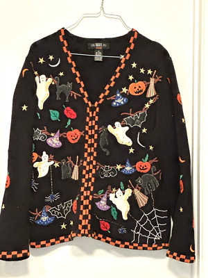 Vintage 80's Segue Medium Boo Halloween theme Grandma Sweater Embroidered 