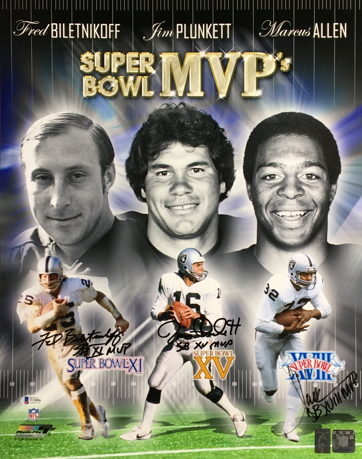 Fred Biletnikoff Jim Plunkett Marcus Allen Autographed Signed Oakland Raiders SB MVP 16x20 Photo BAS 