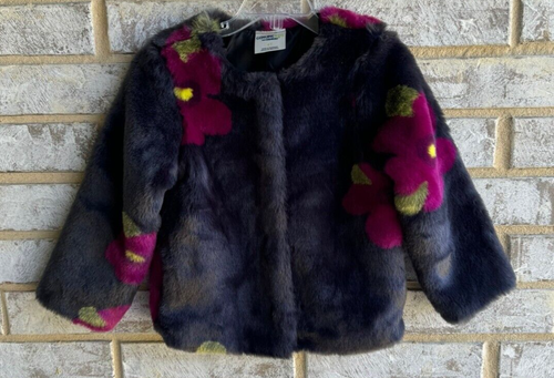 OshKohosh Gray Faux Fur Floral Snap Button Jacket Size 4T.