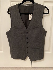 NEW EXPRESS $98 GRAY WOOL BLEND OXFORD SUIT VEST SZ S SMALL