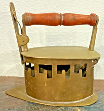 Vintage Norleans India Brass Charcoal Sad Iron Miniature Clothes Iron Wood Handl