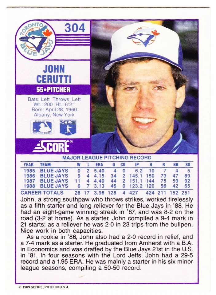 1989 Score John Cerutti Signed Auto Baseball Card #304 - Image 2 of 2