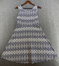 Talbots Sz Small Women’s Geometric Fit Flare Aline Dress Sleeveless Blue White