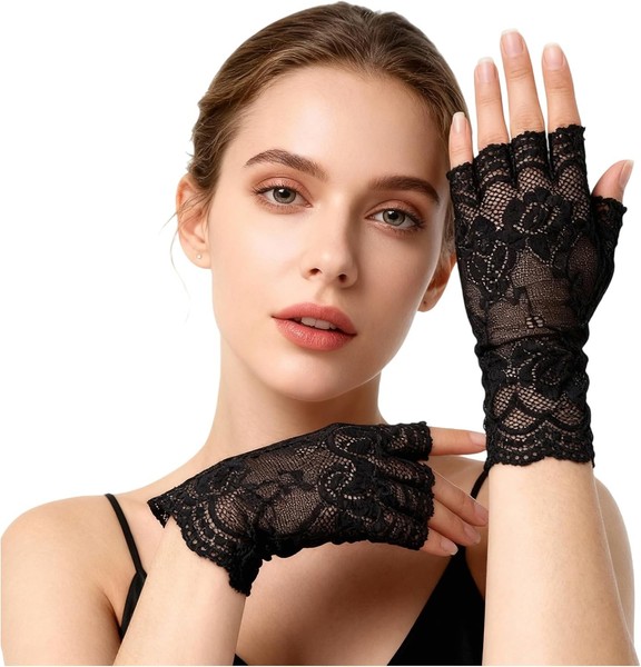 1 Paar Damen Spitzenhandschuhe Schwarz,Spitze Fingerlose Spitzen Handschuhe-image