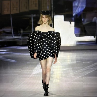 CELINE Black White Polka Dot silk Bow Off Shoulder Mini Dress Size 36
