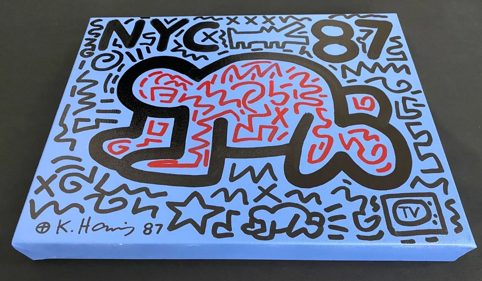 Pintura de Keith Haring sobre lienzo único vintage FIRMADA NYC POP SHOP Foto 3 de 4