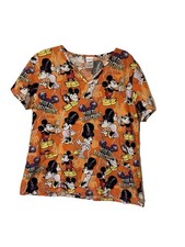 Disney Mickey Mouse Orange Halloween Scrub Top Medium Minnie Front Pockets