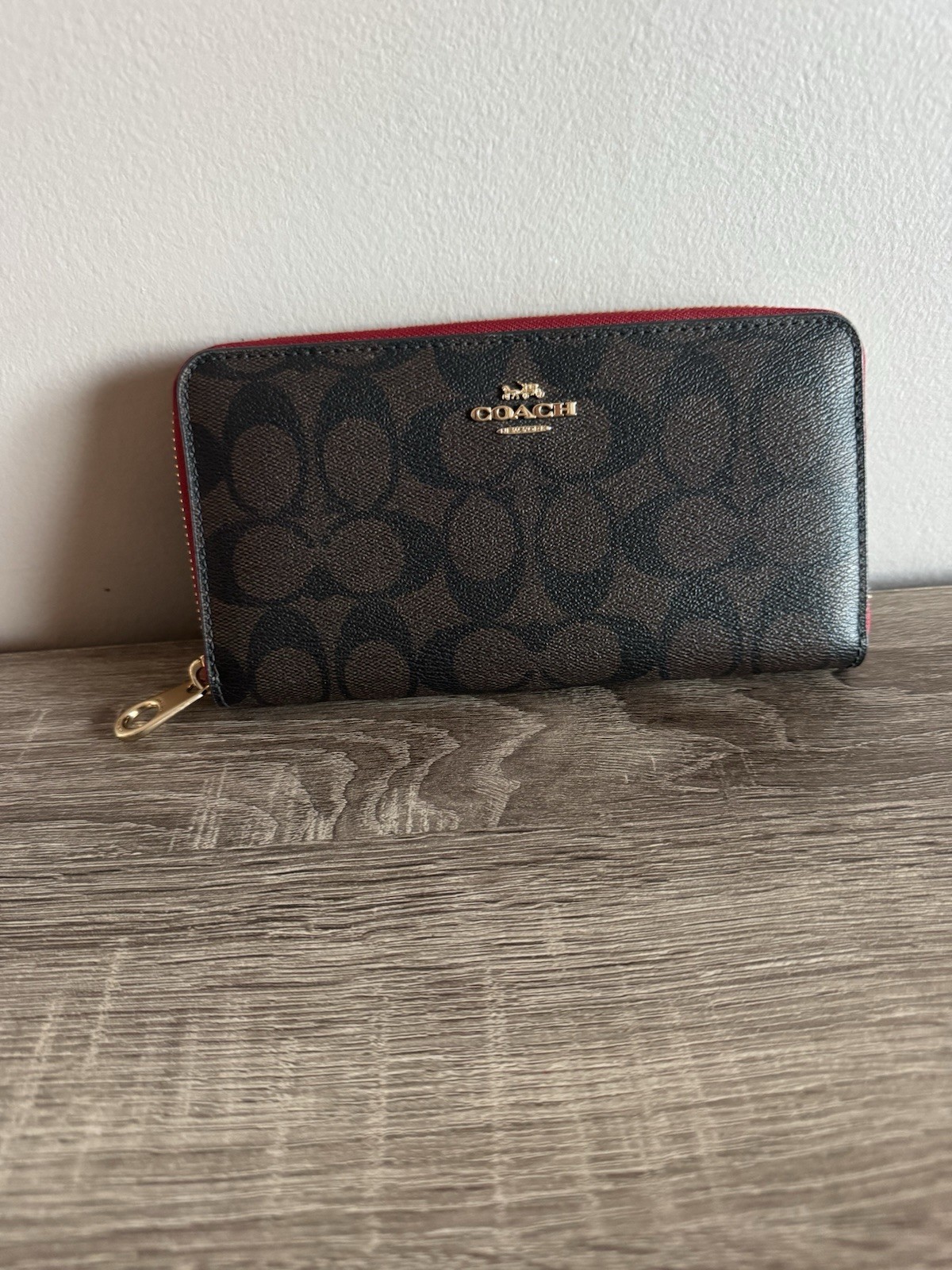 Coach Signature Canvas Accordion Zip Wallet Brown Red Leather Trim Gold Hardware thumbnail 9