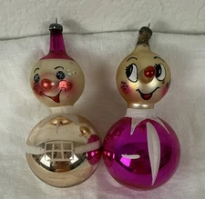 Vtg lot of 2 mercury glass De Carlini type clown ornaments-MCM design