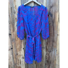 Express Tie Waist Shirt Dress Womens S Royal Blue Abstract Career Retro Chic