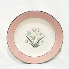 6 Saucer Plate Homer Laughlin china Pink Rim Blue Gray Flowers Platinum Trim  6"