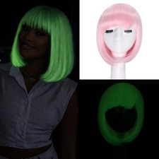 Pink Bob Wig with Bangs Glow in the Dark Short Straight Synthetic Hair for Wo...
