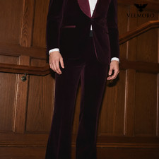 Mens Burgundy Velvet Suit 2 Piece Luxury Wedding Prom Tuxedo Formal Dinner Suit