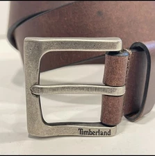 TIMBERLAND Genuine Brown Leather Belt Logo Buckle Men's Size L (42”)
