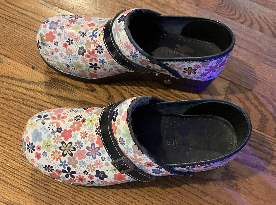 Sanita Mujer Talla 7 EU 38 Blanco/Multicolor Flores , Cuero, Usado Foto 3 de 4