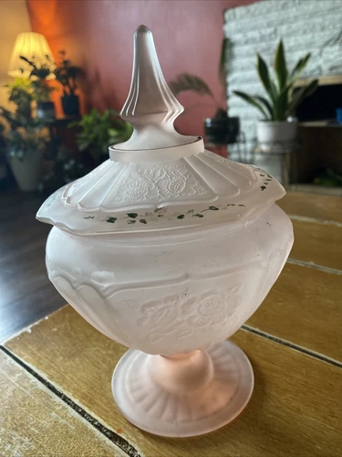VTG Anchor Hocking Pink Frosted Floral Candy Compote