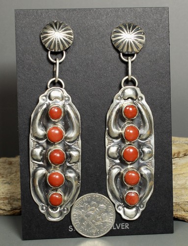 Red Coral handmade Navajo Earrings by Jeffrey James - Picture 2 of 5