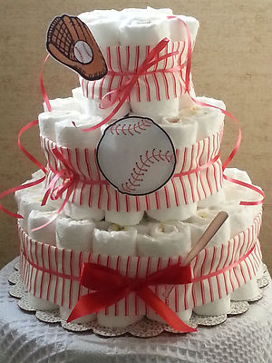 Tier Diaper Cake Red White Pinstripe Baseball Baby Shower Gift  Centerpiece - Main Image