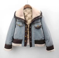 Women's Blue Denim Jean Jacket Winter Warm Cotton Down Fleece Button Coat Parka