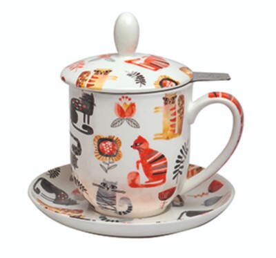 tealogic Kira Katzen Teetasse mit Sieb und Deckel Fine Bone China Porzellan