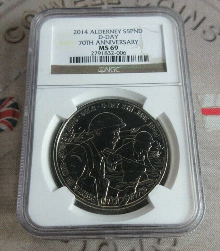 2014 D-Day Landings 70th Anniversary Alderney BUnc £5 Coin NGC Grade MS 69