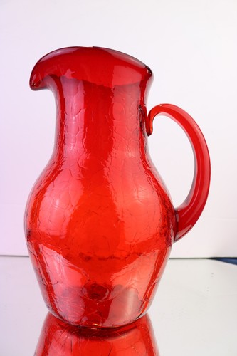 Hand Blown Large Pitcher Ruby Red Crackle Glass 9.5 " Tall 76 oz - Picture 4 of 11