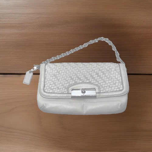 Coach Kristen Woven Leather Chain Wristlet Clutch White Shoulder Handbag Purse