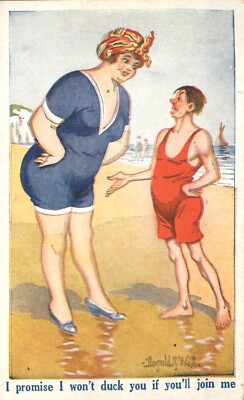 Little Guy & Big Woman Wont Duck Join Me Saucy Comic Vacation Postcard