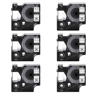 6PK Black on White IND Flexible Nylon Label 18488 for DYMO Rhino Pro 1000 12mm