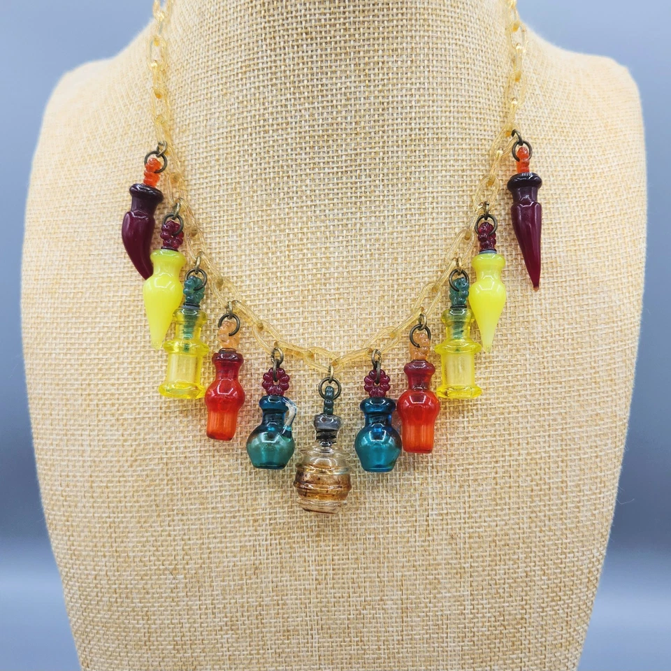 1930s Unsigned Haskell Multi Color Glass Vial Bottle Celluloid Chain Necklace - Image 2 of 4