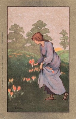 Barham Vintage Postkarte Edwardianisches Mädchen pflückt Blumen Pastoralszene um 1900