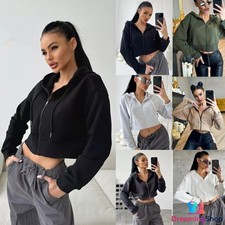 Womens Zip Up Crop Tops Hoodie Workout Casual Fleeces Hoodies Sweatshirt