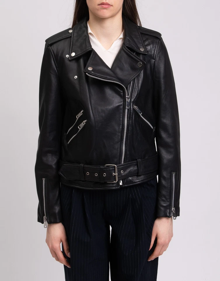 RRP €850 WALTER BAKER Allison Leather Biker Jacket Size L Black Zipped Belted - Image 4 of 4