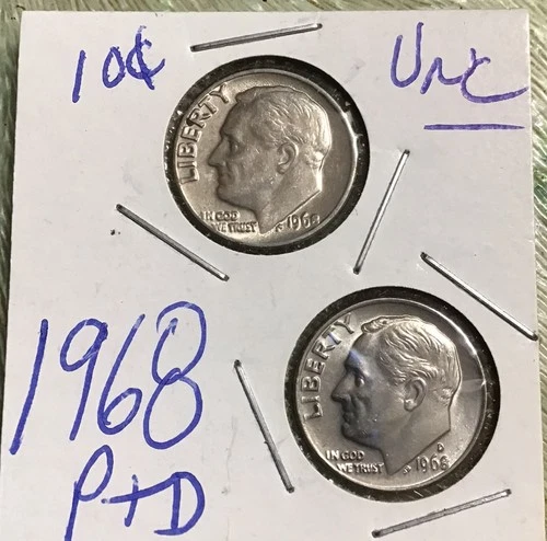 1968 P D Roosevelt Dime AU+ Year Set  2 Coin Lot