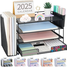 Desk Organizer, 4-Tier Desktop File Organizer with Drawer and 2 Pen Holders, Off