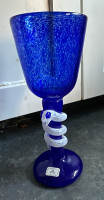Signed Jan Stievens Wine Glass Cobalt Goblet Challis Snake Stemware Design